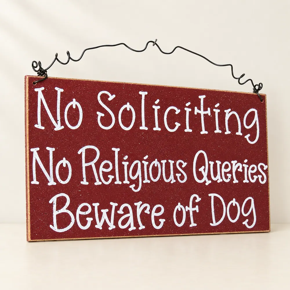 Beware of Dog Sign – No Soliciting, No Religious Queries, Barn Red — handmade wooden decor, photo 1