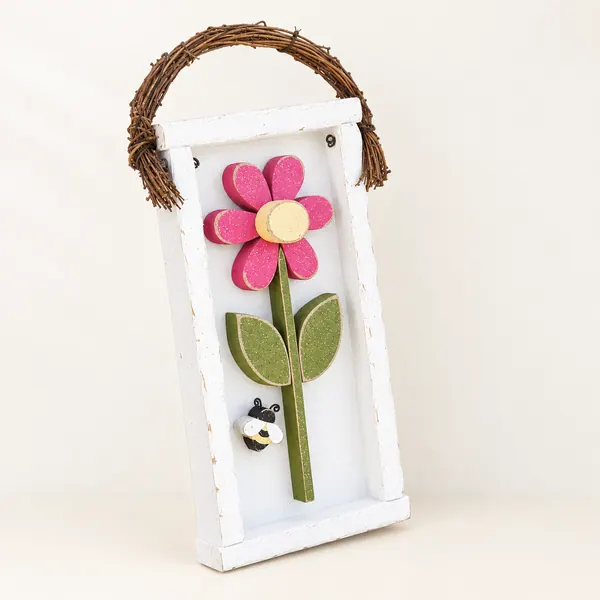 Daisy Bee Wall Hanging, White Shadow Box with Pink Flower