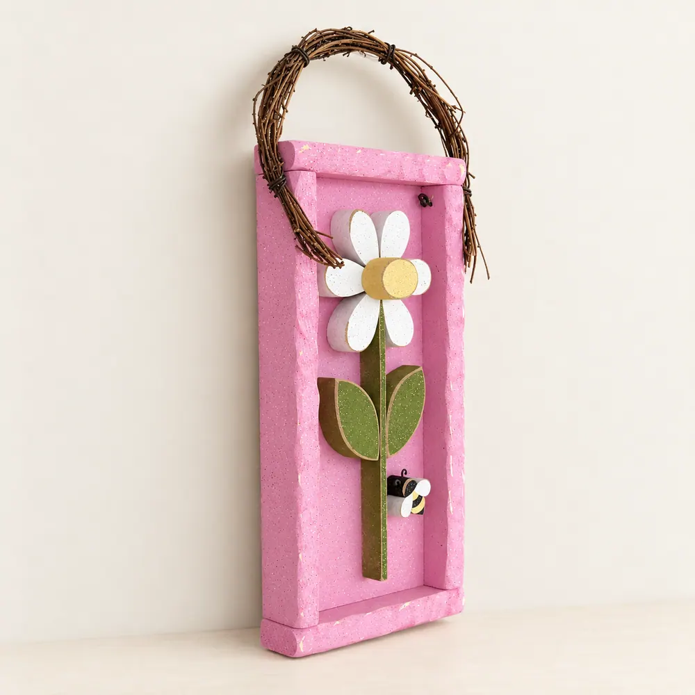 Daisy Frame With Stem (Pink with White Flower) — handmade wooden decor, photo 1