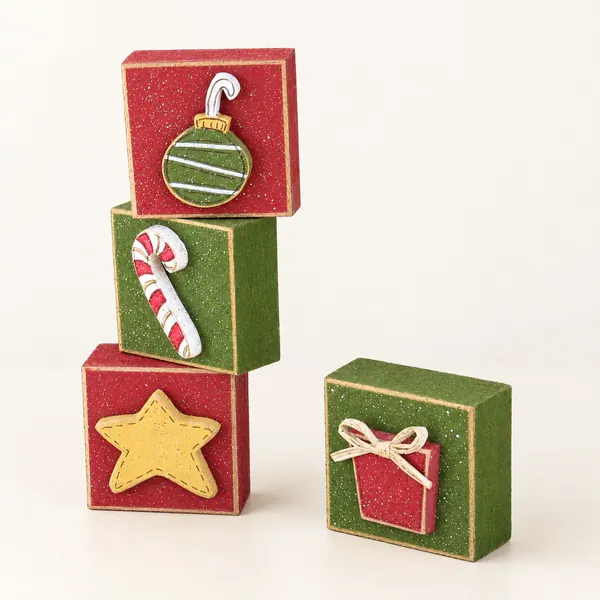 Hand Crafted Christmas Blocks, Holiday Decor Set