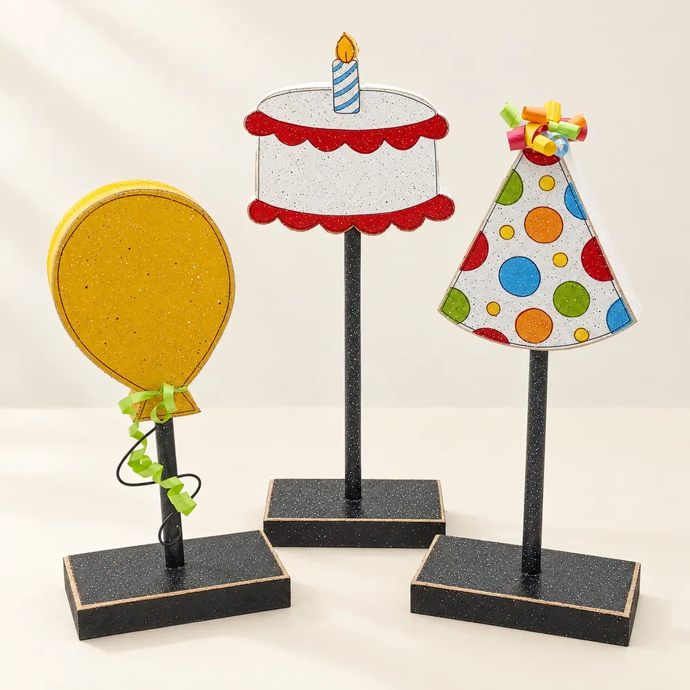 Handcrafted Birthday Cake, Hat, Balloon Block Set, Party Decor — handmade wooden decor, photo 1