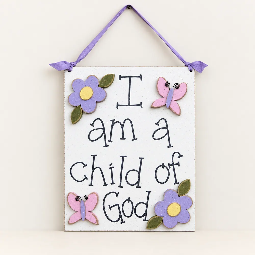 Handcrafted "Child of God" Sign, Purple Daisies & Pink Butterflies — handmade wooden decor, photo 1