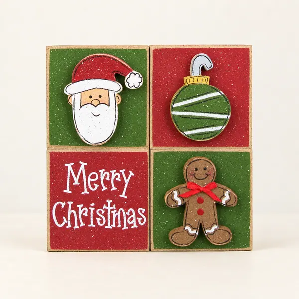 Handcrafted Christmas Block Set, Santa, Ornament, Gingerbread
