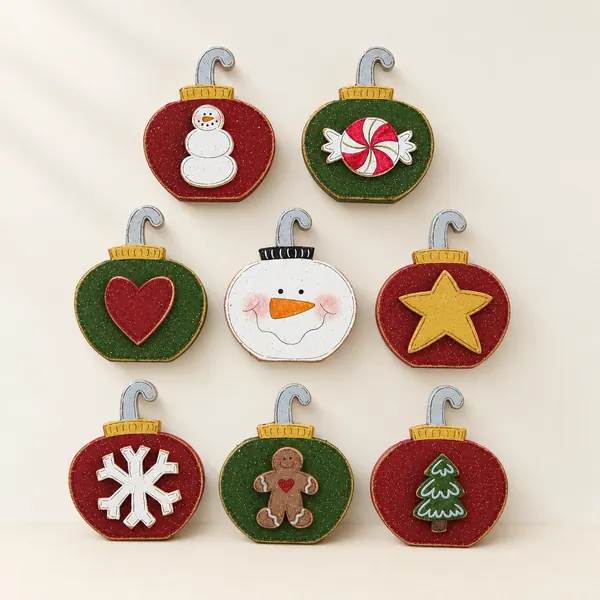 Handcrafted Christmas Ornament Blocks - Set of 8, Holiday Decor