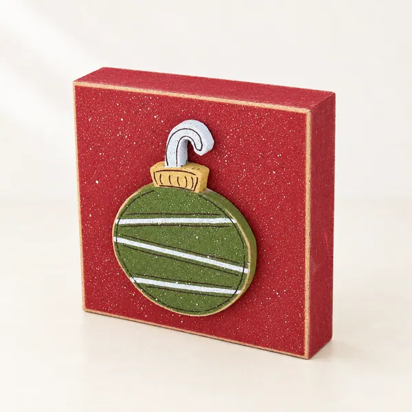 Handcrafted Christmas Ornament Red Block Decor, Green Accent