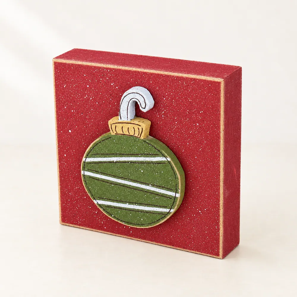 Handcrafted Christmas Ornament Red Block Decor, Green Accent — handmade wooden decor, photo 1