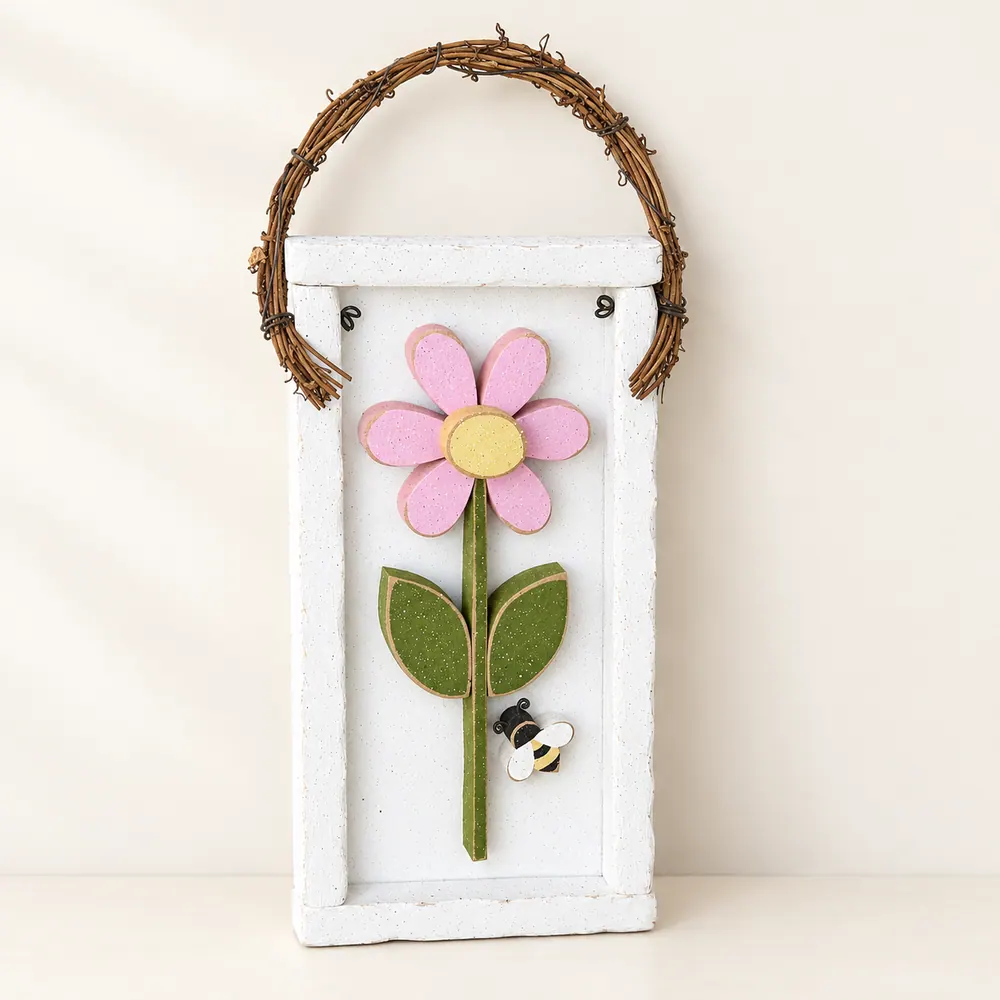 Handcrafted Daisy Wall Decor with Bee - White Frame, Pink Flower — handmade wooden decor, photo 1