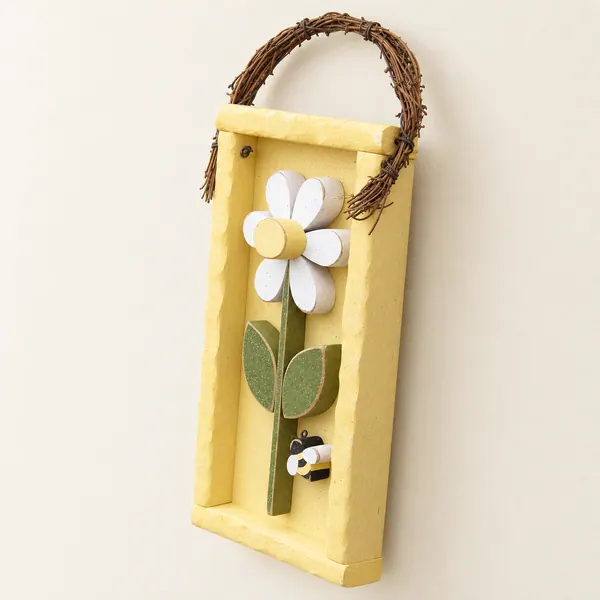Handcrafted Daisy Wall Hanging, Bee Decor, Yellow Shadow Box Frame