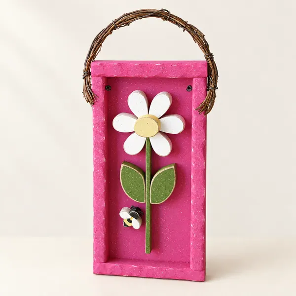 Handcrafted Daisy Wall Hanging: Hot Pink Frame, White Flower & Bee