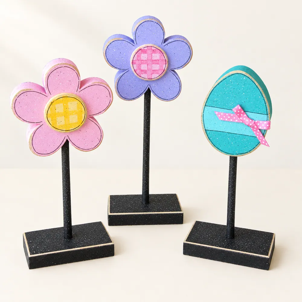 Handcrafted Easter Decor Set, Daisy and Egg Wood Blocks — handmade wooden decor, photo 1