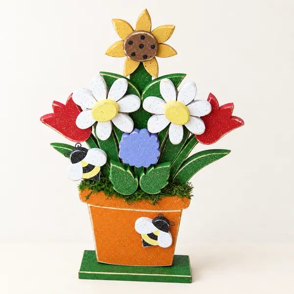 Handcrafted Flower Pot with Daisies, Sunflower, and Bees, Spring Decor