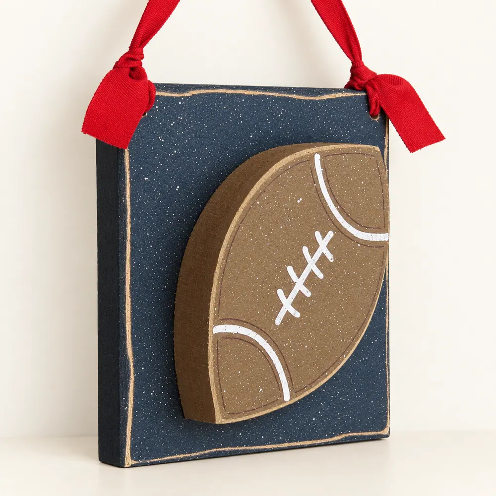 Handcrafted Football Wall Decor, Boy's Room, Red Ribbon — handmade wooden decor, photo 1
