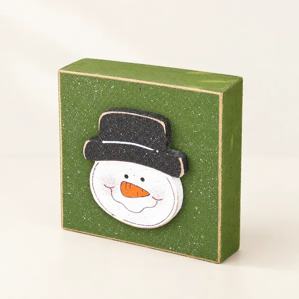 Handcrafted Green Snowman Face Block, Christmas Decor