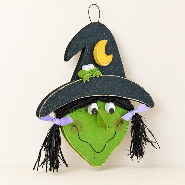 Handcrafted Halloween Witch Head Decor, Frog and Crescent Moon
