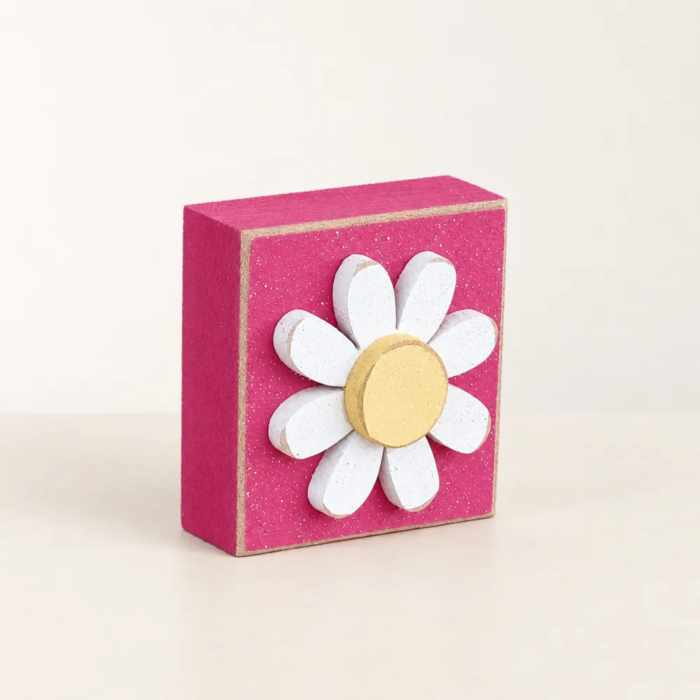 Handcrafted Hot Pink Daisy Block, Spring Decor (3.5 inch) — handmade wooden decor, photo 1