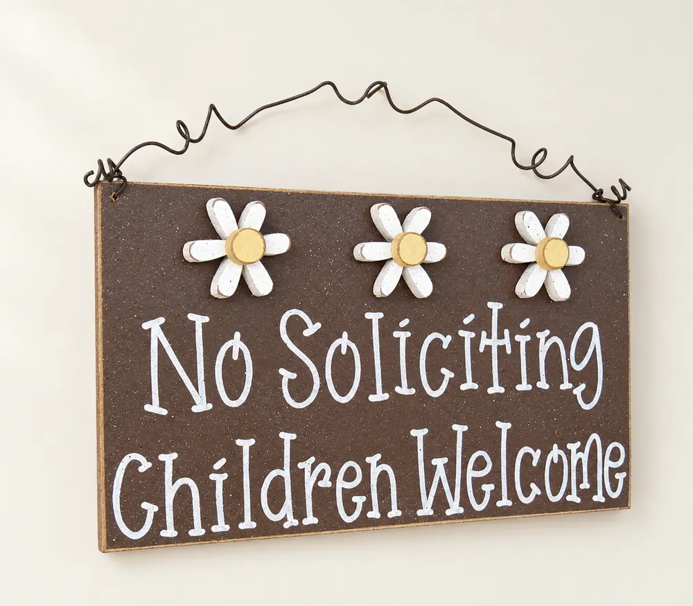Handcrafted No Soliciting Children Welcome Sign – Brown with Daisies — handmade wooden decor, photo 1