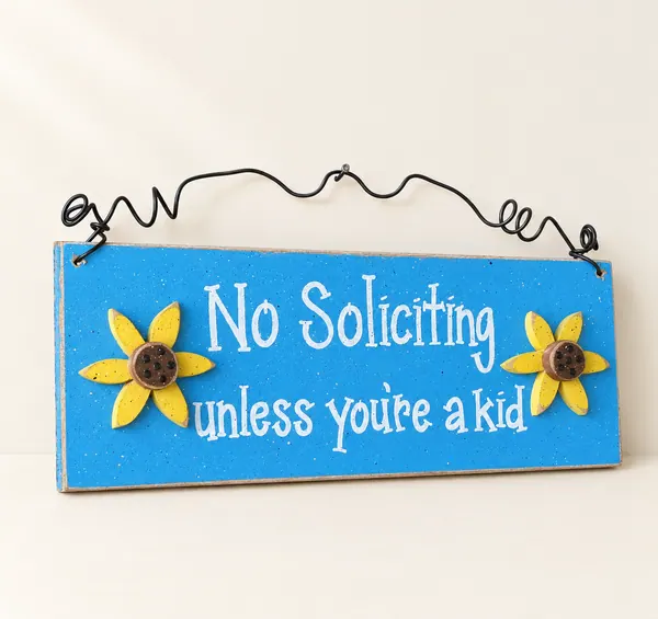 Handcrafted No Soliciting Sign – Aqua Blue with Sunflowers