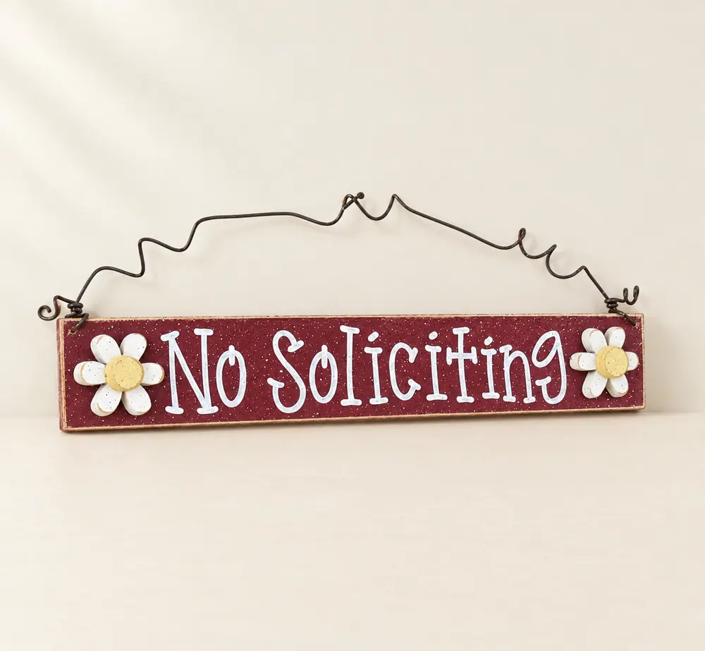 Handcrafted No Soliciting Sign – Barn Red with Daisies – Style 1 — handmade wooden decor, photo 1