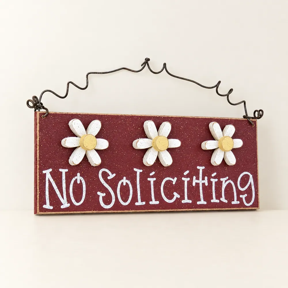 Handcrafted No Soliciting Sign – Barn Red with Daisies – Style 2 — handmade wooden decor, photo 1