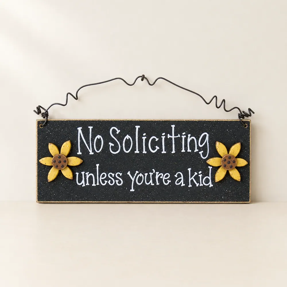 Handcrafted No Soliciting Sign – Black with Sunflowers — handmade wooden decor, photo 1