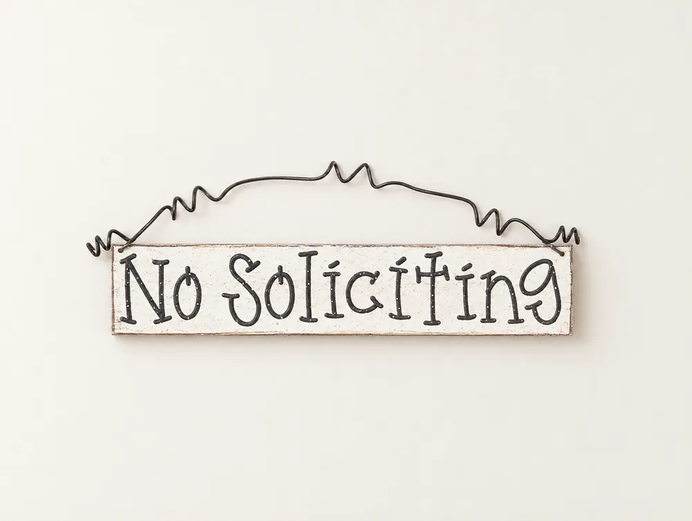 Handcrafted No Soliciting Sign – Cream Hanging Sign — handmade wooden decor, photo 1