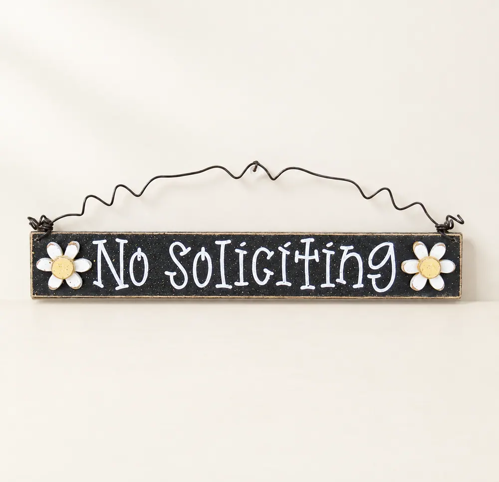 Handcrafted No Soliciting Sign – Daisy Accent, Weather Protected — handmade wooden decor, photo 1