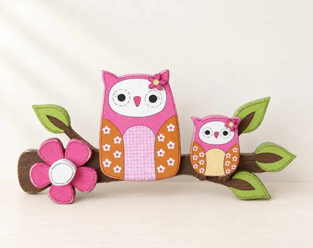 Handcrafted Owls on Branch Wall Decor, Pink Flower Accent — handmade wooden decor, photo 1