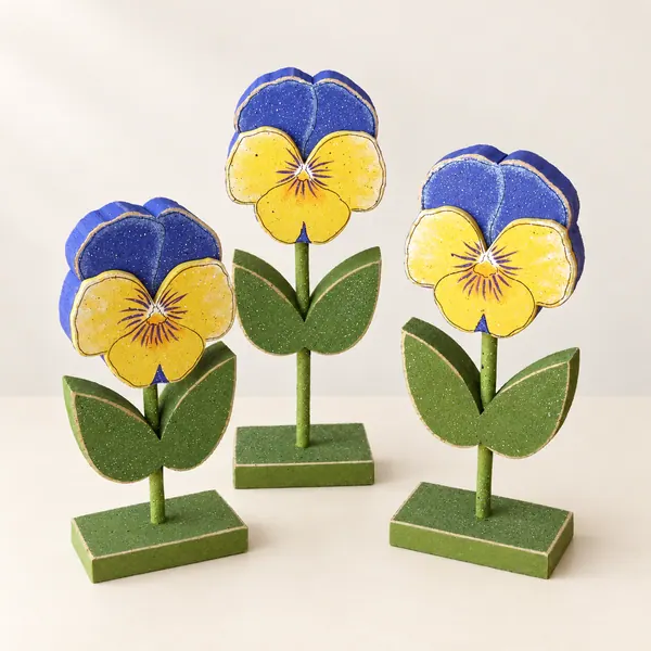 Handcrafted Pansy Block Set, Spring Home Decor