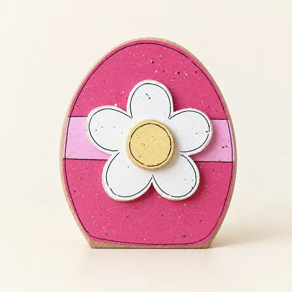 Handcrafted Pink Easter Egg Block, Daisy Decor