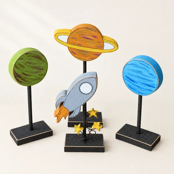 Handcrafted Rocket Ship and Planet Blocks, Space Decor