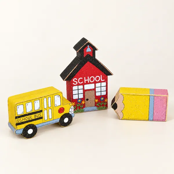 Handcrafted Schoolhouse, Bus, and Pencil Shelf Sitters, Teacher Gift