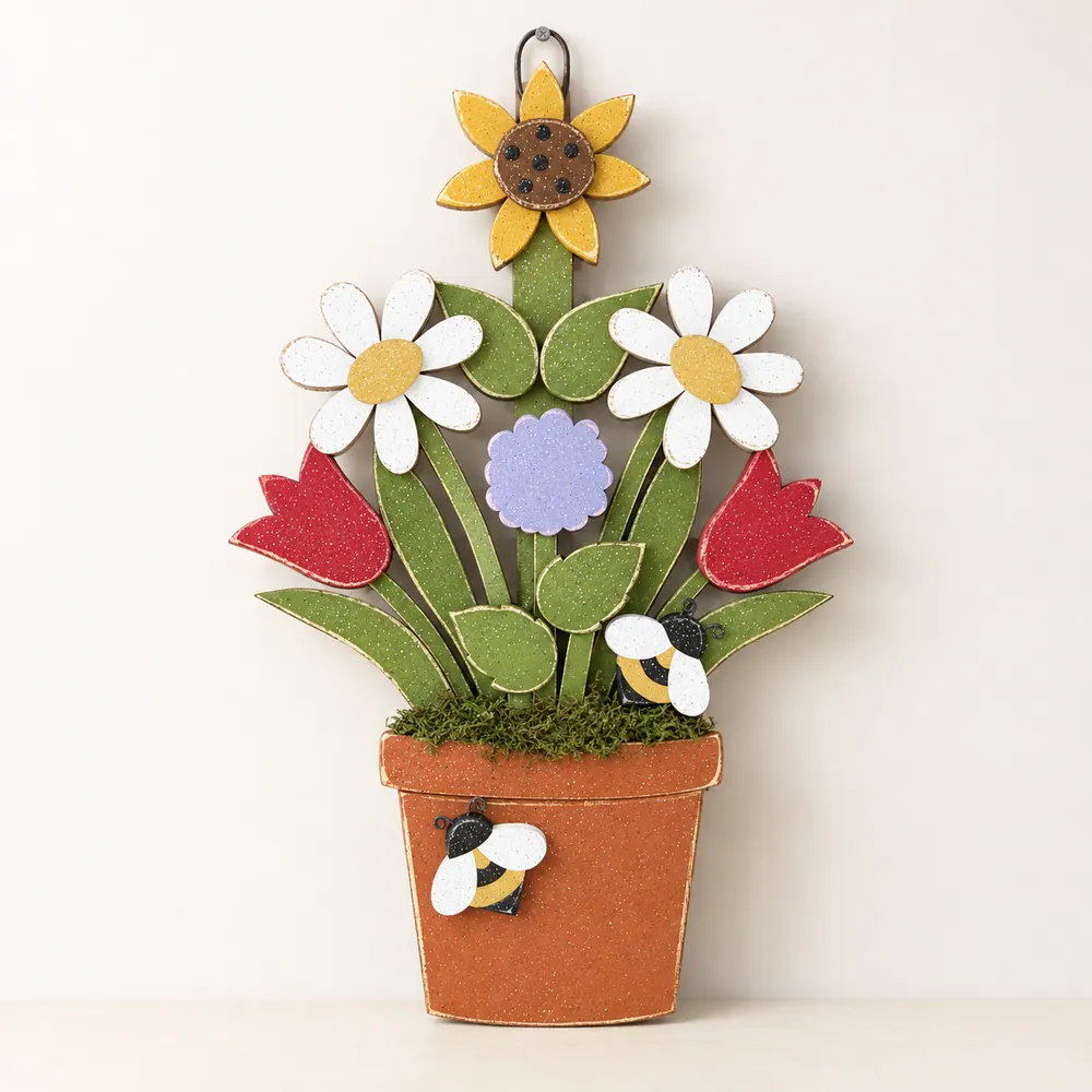 Handcrafted Spring Flower Pot Door Hanger, Sunflower, Tulips, Lilac & Bees — handmade wooden decor, photo 1