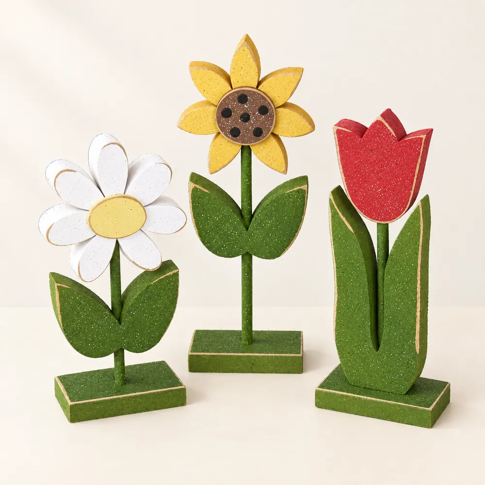 Handcrafted Standing Flower Block Set, Sunflower, Daisy, Tulip — handmade wooden decor, photo 1