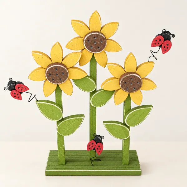 Handcrafted Triple Sunflower with Ladybugs, Fall Decor