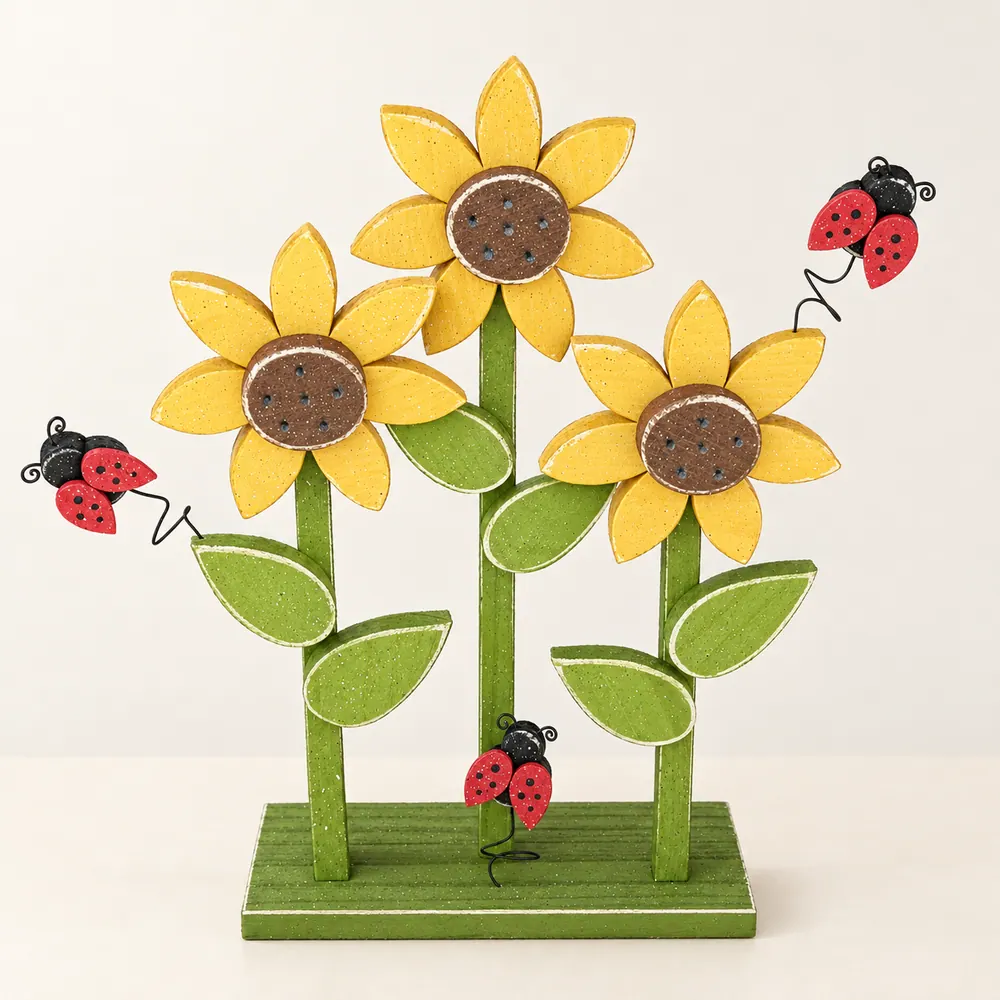 Handcrafted Triple Sunflower with Ladybugs, Fall Decor — handmade wooden decor, photo 1