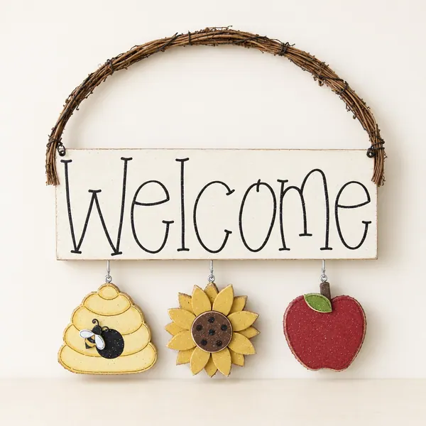 Handcrafted Welcome Sign, Beehive, Sunflower, Apple Decor
