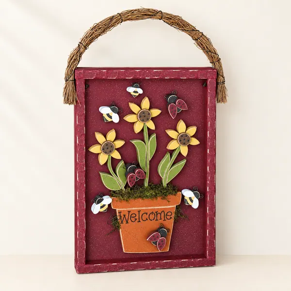 Handcrafted Welcome Sunflower Door Hanger, Ladybugs and Bees Decor