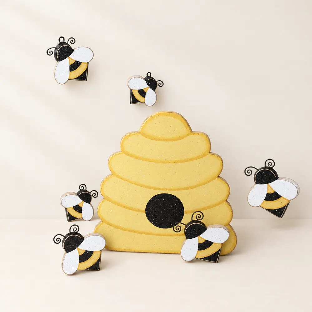 Handcrafted Yellow Bee Hive & Bees, Home Decor — handmade wooden decor, photo 1