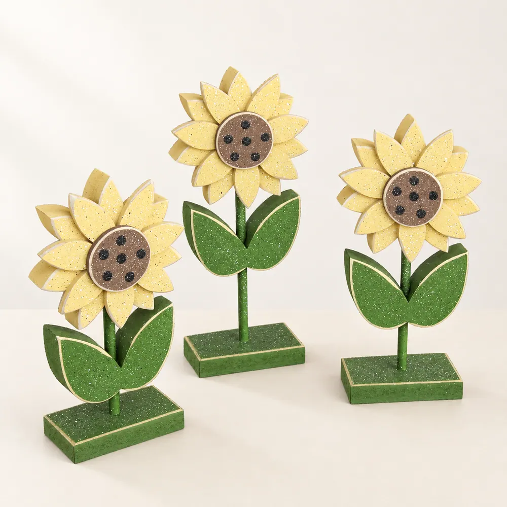 Handmade Sunflower Block Set, Spring Decor, Desk Shelf Decor — handmade wooden decor, photo 1