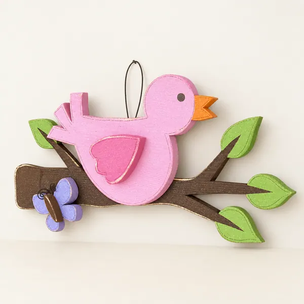 Handmade Wooden Bird on Branch, Spring Butterfly Door Hanger
