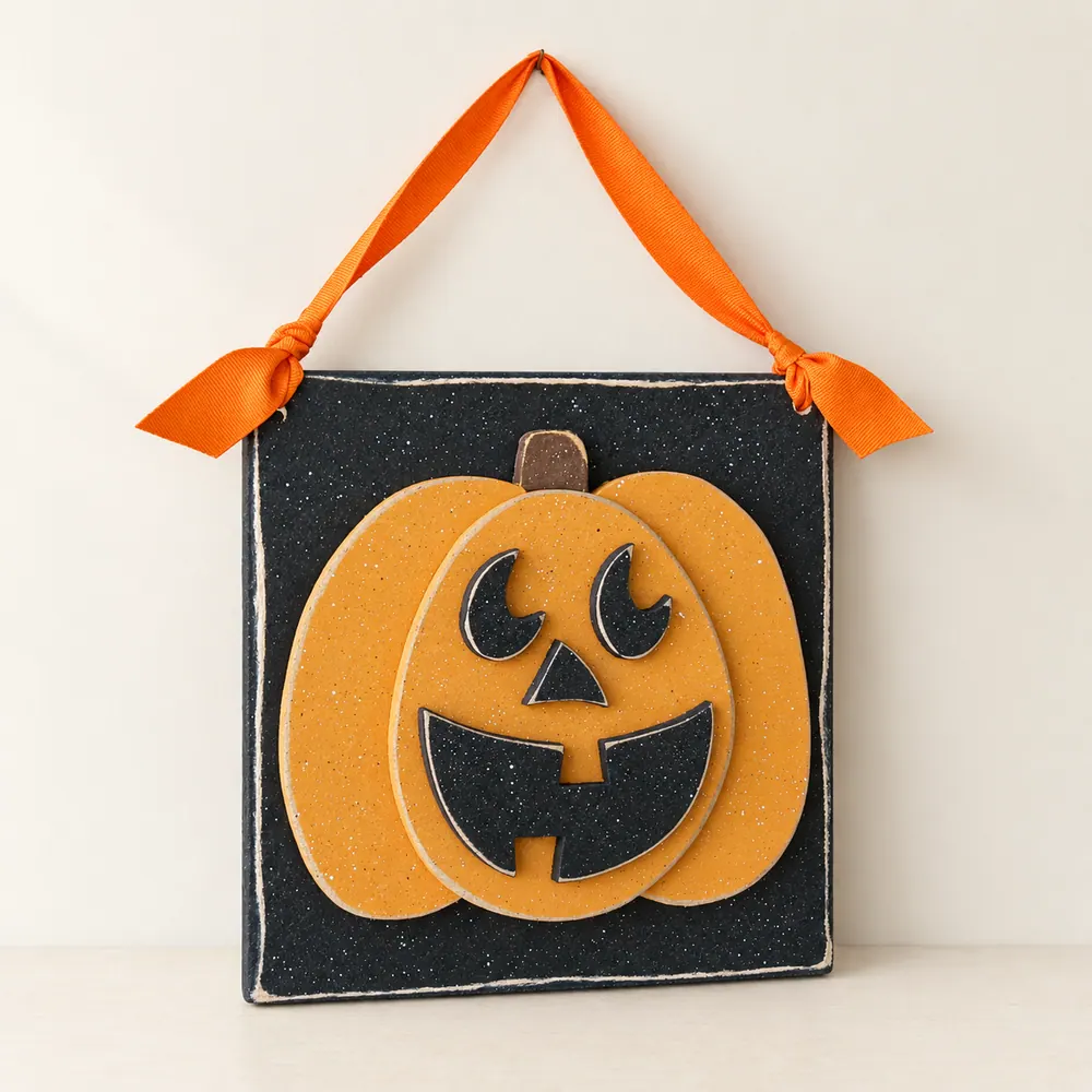Hanging Halloween Jackolantern Pumpkin with ribbon — handmade wooden decor, photo 1