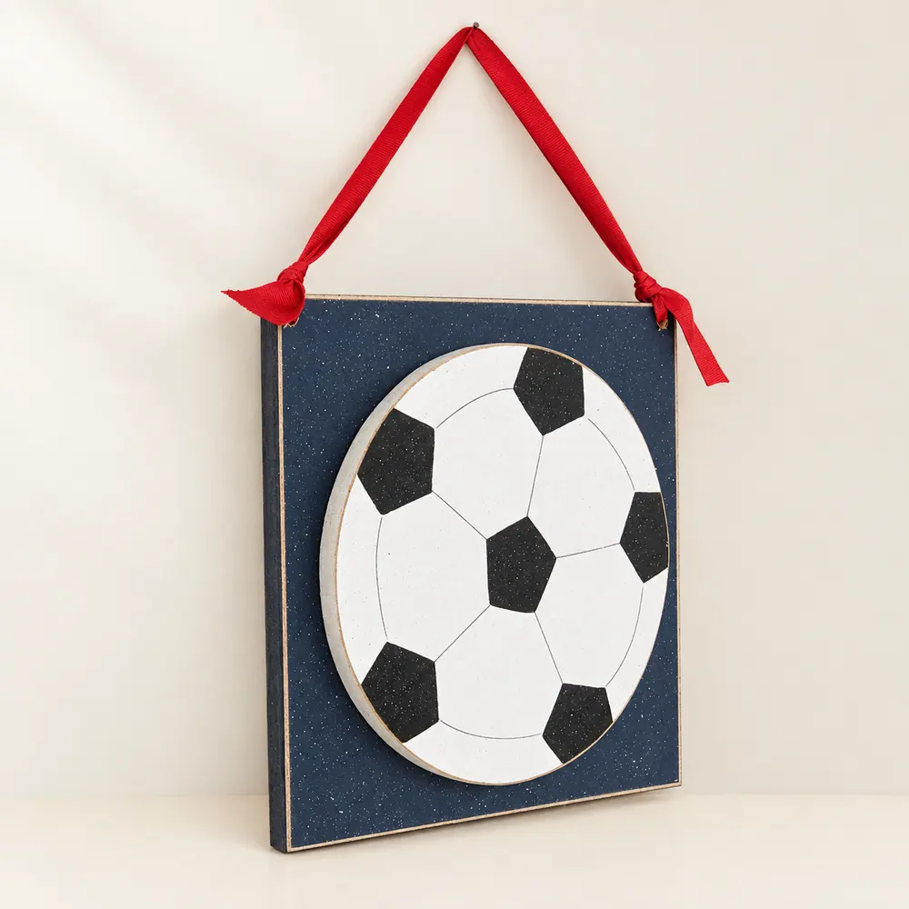 Hanging Soccer Ball Sign, Boy's Room Decor, 10 inch — handmade wooden decor, photo 1