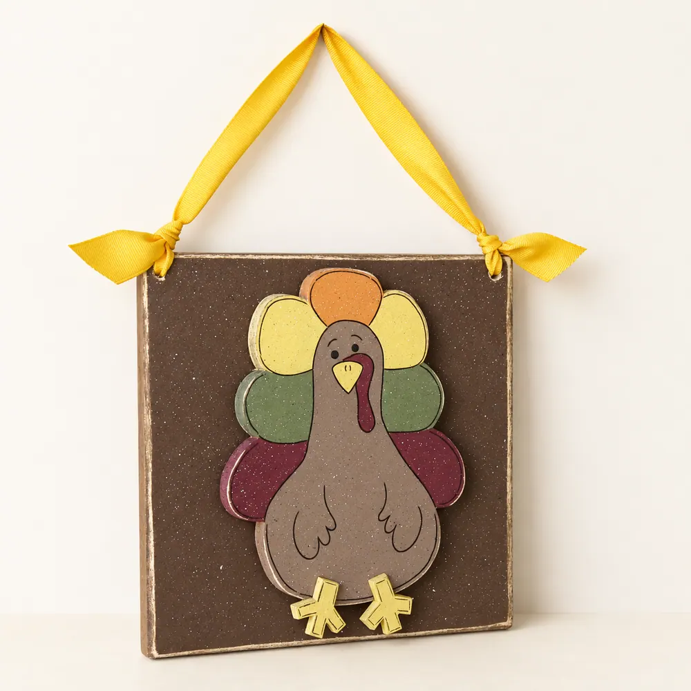 Hanging Turkey with ribbon — handmade wooden decor, photo 1