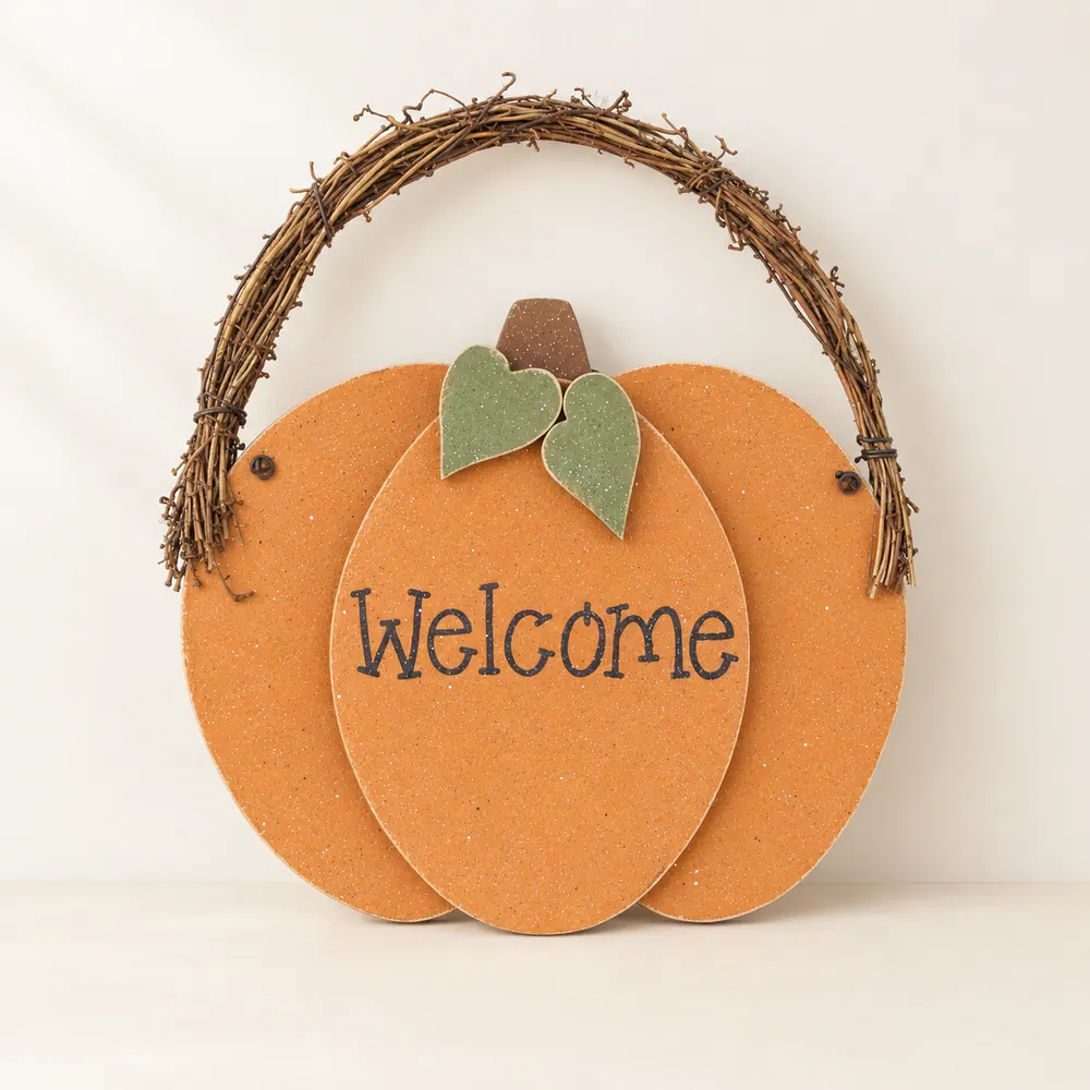 Hanging Welcome Pumpkin — handmade wooden decor, photo 1