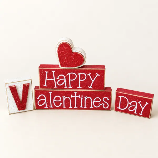 Happy Valentines Day Blocks, Red Heart Table Decor