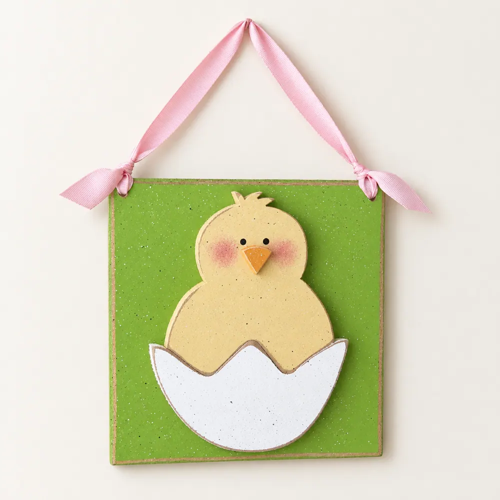 Hatching Easter Chick on a green board — handmade wooden decor, photo 1
