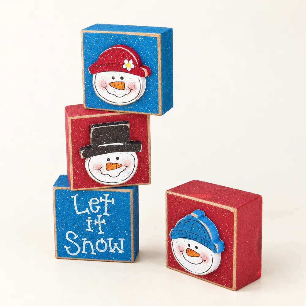 Let it Snow Wood Block Snowman Set, Christmas Mantel Decor — handmade wooden decor, photo 1