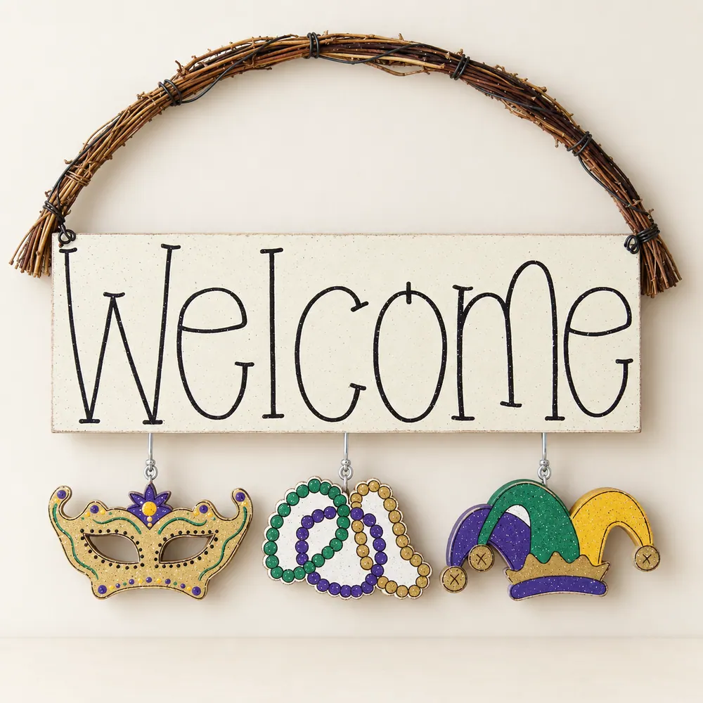 Monthly Welcome Sign (Mardi Gras) — handmade wooden decor, photo 1