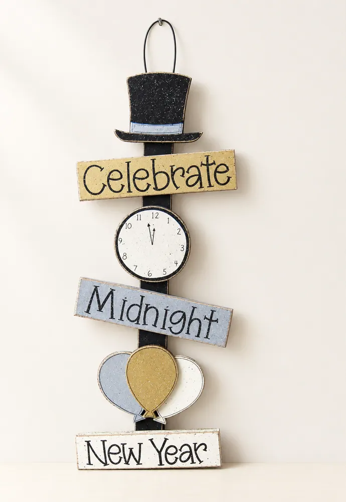 New Years Thoughts, top hat, clock, balloons, wall, door, office, and home decor — handmade wooden decor, photo 1