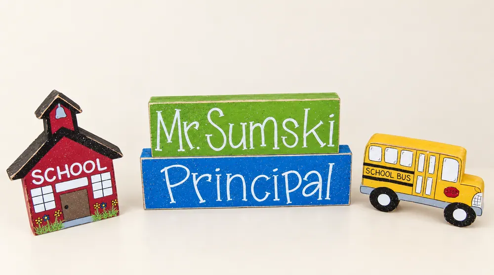 Personalized Teacher Desk Blocks, Schoolhouse and Bus Decor — handmade wooden decor, photo 1